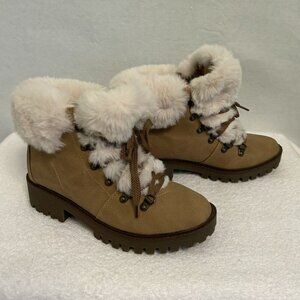 NWT*Unionbay Kacie Soft Faux Fur Suede Lace Up Dark Tan Ankle Boots 2" Heel-7.5